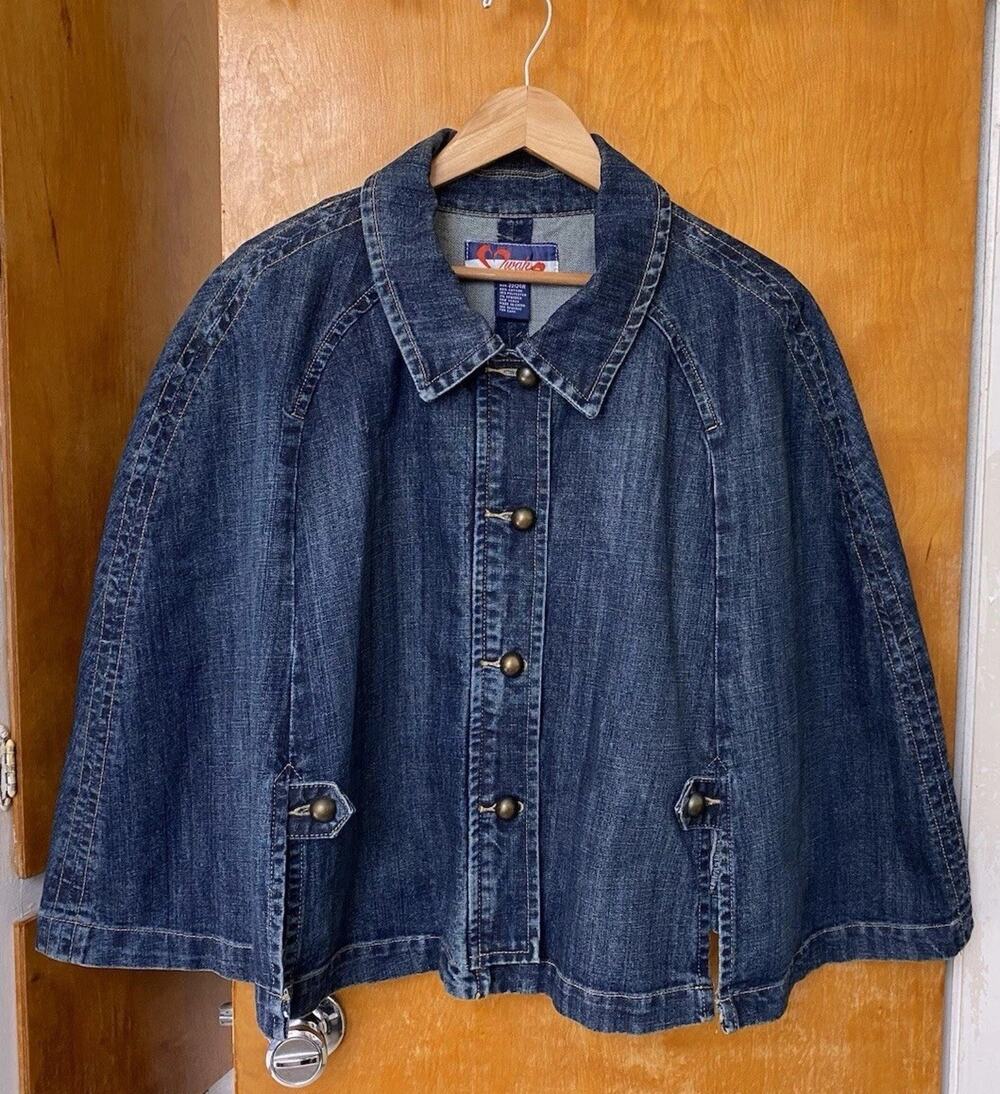 Vintage Y2K Denim Military Cape Poncho Jacket Plus Size 22 24 Jean Indie Sleaze